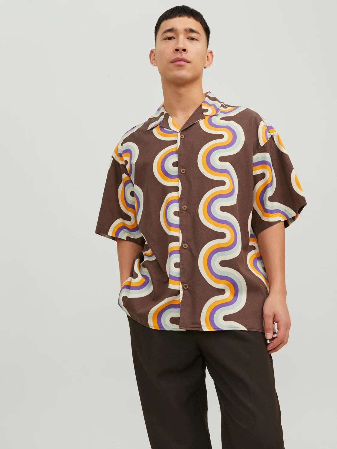 Wholesale,Jack & Jones, Jack & Jones Brown Multi Print Short Sleeve Shirt, Brown, Large-49-TagL