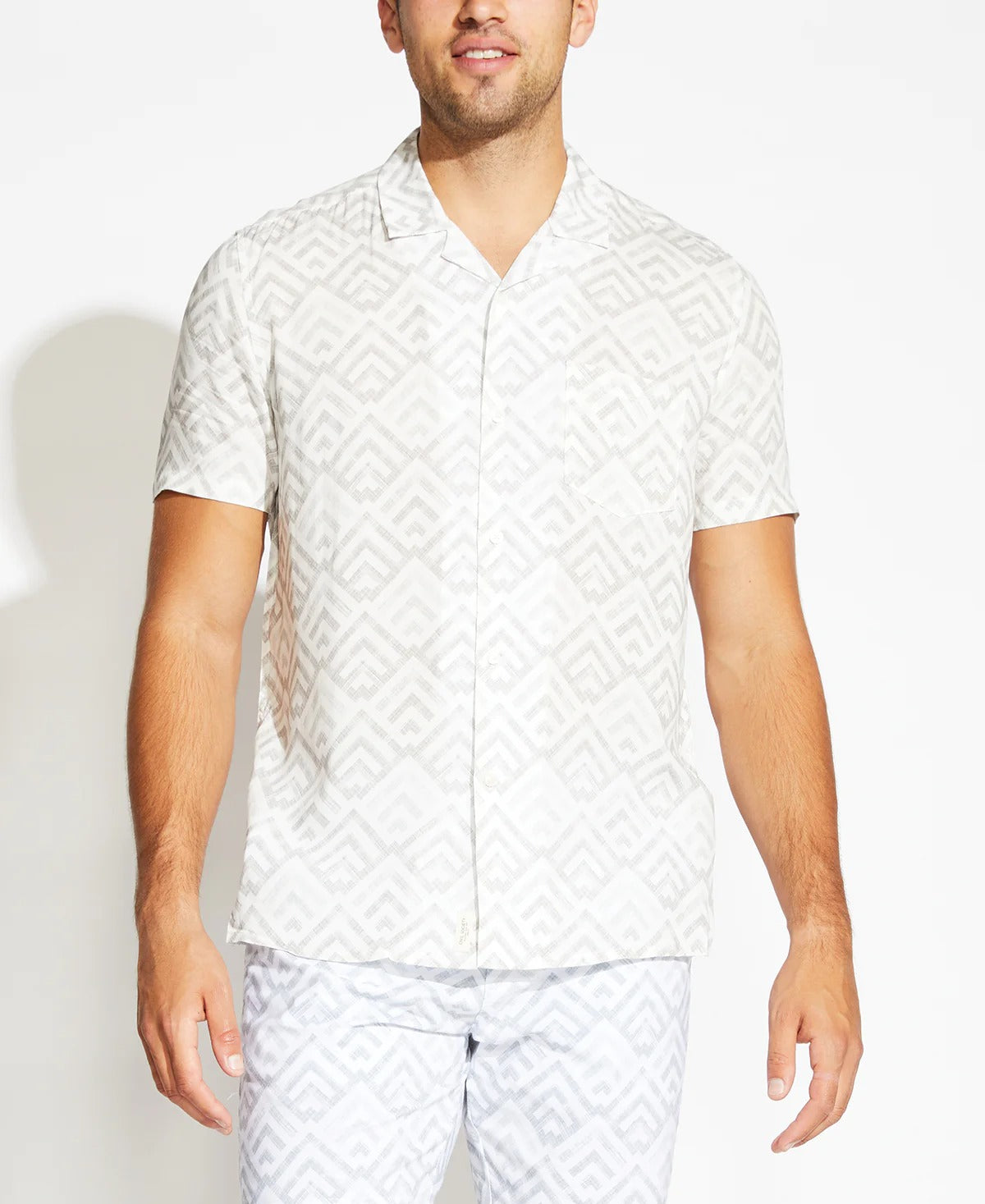Wholesale,Civil Society, Civil Society White Geometric Print Short Sleeve Shirt, White, Small-42-TagS
