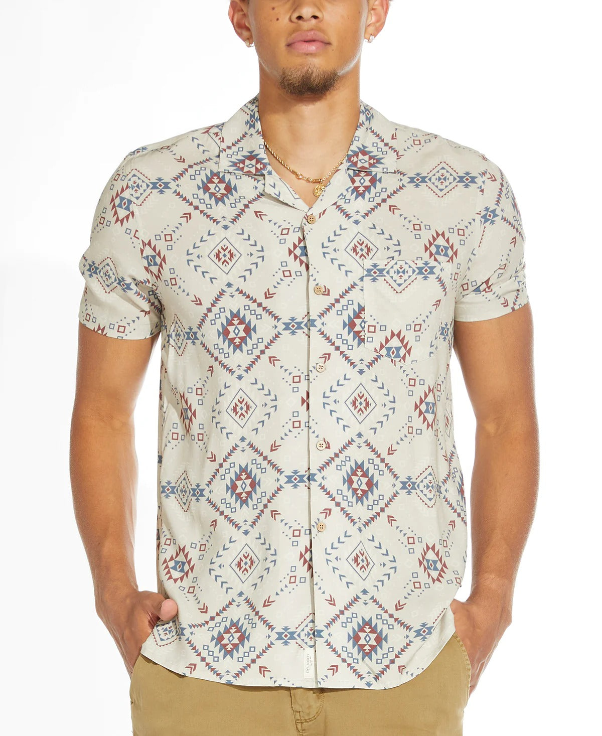 Wholesale,Civil Society, Civil Society Oatmeal Tribal Print Short Sleeve Shirt, Tan, Small-41-TagS