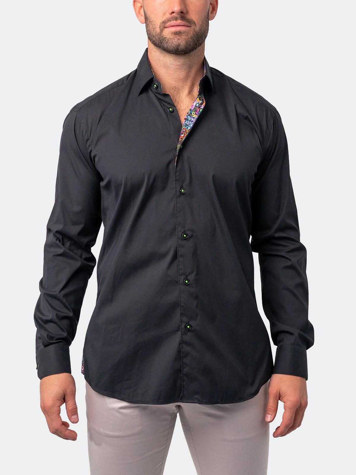 ,Maceoo, Maceoo Black Dog Print Detail on Collar Long Sleeve Shirt, Black, Medium-44-TagM