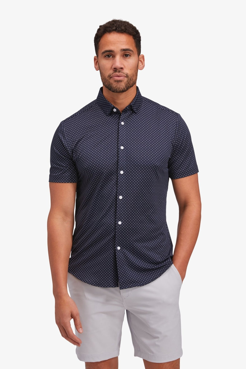 Wholesale,Mizzen + Main, Mizzen + Main Navy Dot Print No-Tuck Trim Shirt, Blue, Small-41-TagSMedium-43-TagMLarge-46-TagLExtra Extra Large-52-TagXXLExtra Large-49-TagXL