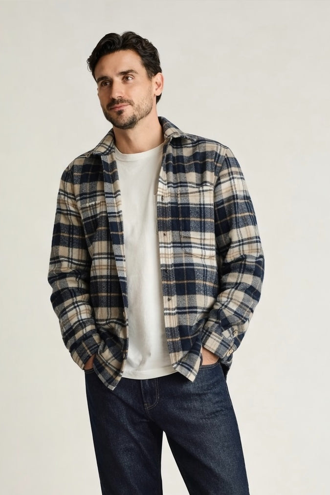 Brand Partner,R2 Amsterdam, Jakamen Navy/Tan Plaid Heavy Flannel, Blue, Large-45-TagXXLLarge-44-TagXLMedium-43-TagLSmall-41-TagMExtra Small-38-TagS