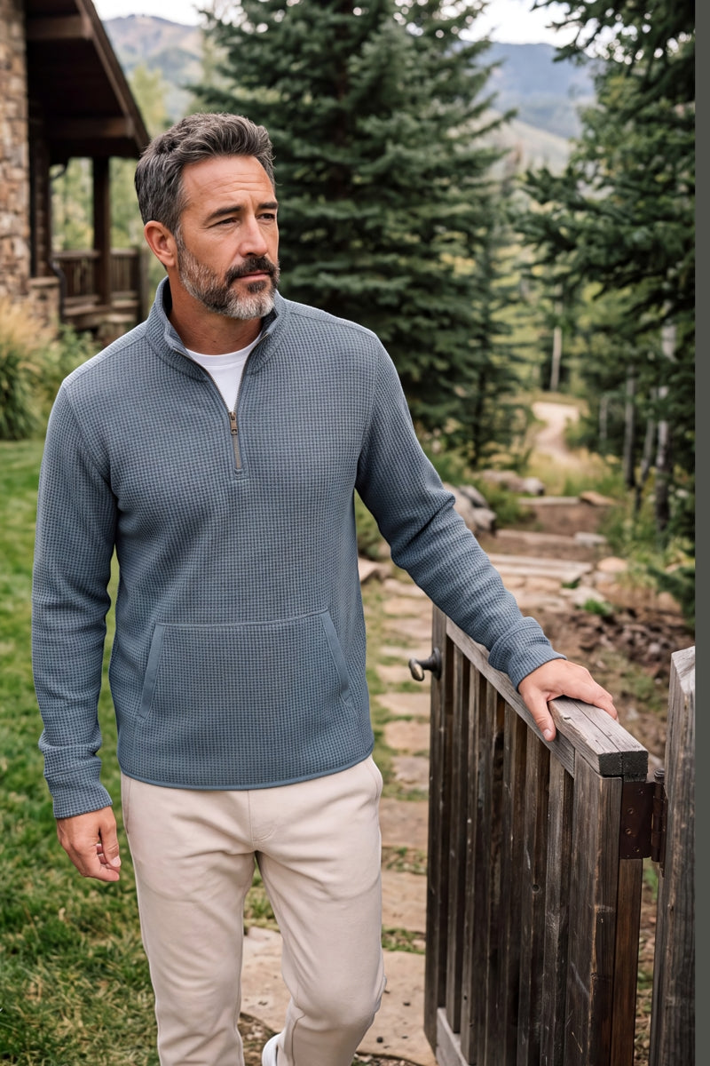 Wholesale,Fundamental Coast, Fundamental Coast Dusty Blue Waffle Textured Qtr Zip, Blue, Large-46-TagLExtra Large-48-TagXL