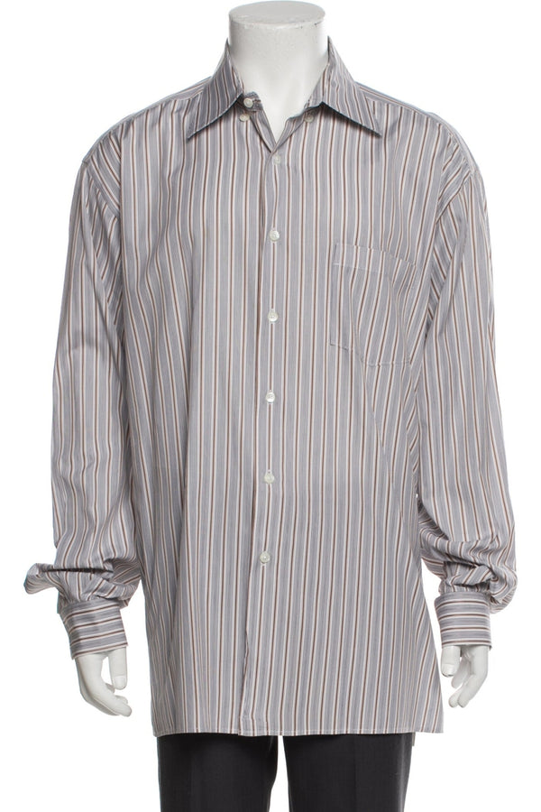 Zegna Tan/Grey Striped Long Sleeve Dress Shirt