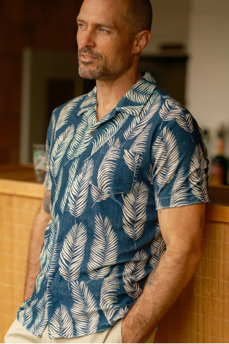 Faire,Grayers, Grayers Navy Leaf Print French Terry Shirt, Blue, Extra Large-50-TagXL