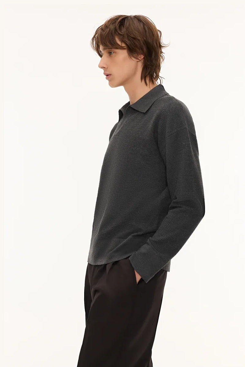 Direct From Brand,FYNE, FYNE Dark Grey Waffle Knit V-neck Sweater Polo, Grey, Medium-45-TagMLarge-48-TagL