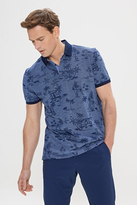 Wholesale,Altinyildiz Classics, Altinyildiz Classics Indigo Palm Tree Patterned Pique Knit Polo, Blue, Small-40-TagSMedium-42-TagMLarge-44-TagLExtra Large-46-TagXLExtra Extra Large-48-TagXXL