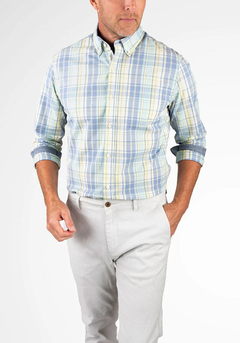 Brand Partner,Tailor Vintage, Tailor Vintage Yellow/Green Plaid Airotec Stretch Poplin Long Sleeve Shirt, Yellow, Small-41-TagSMedium-44-TagMExtra Large-51-TagXLExtra Extra Large-55-TagXXLLarge-47-TagL