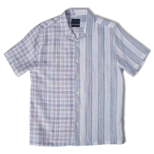 Stitch Note White/Blue Half Plaid Half Stripe European Linen Split Body Shirt