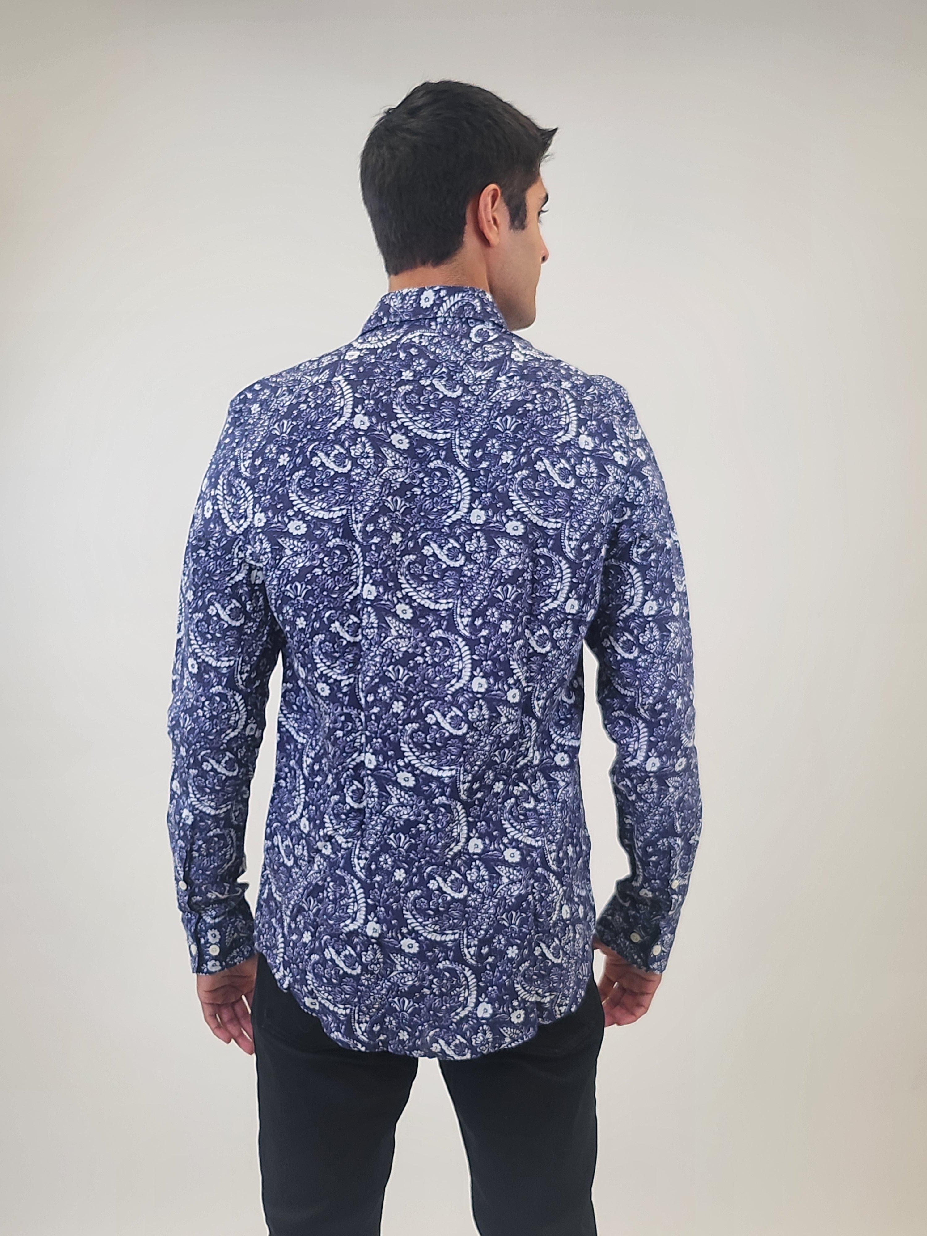 Brand Partner,R2 Amsterdam, R2 Amsterdam Navy Paisley Print Long Sleeve Linen Shirt, Blue, Medium-44-TagM
