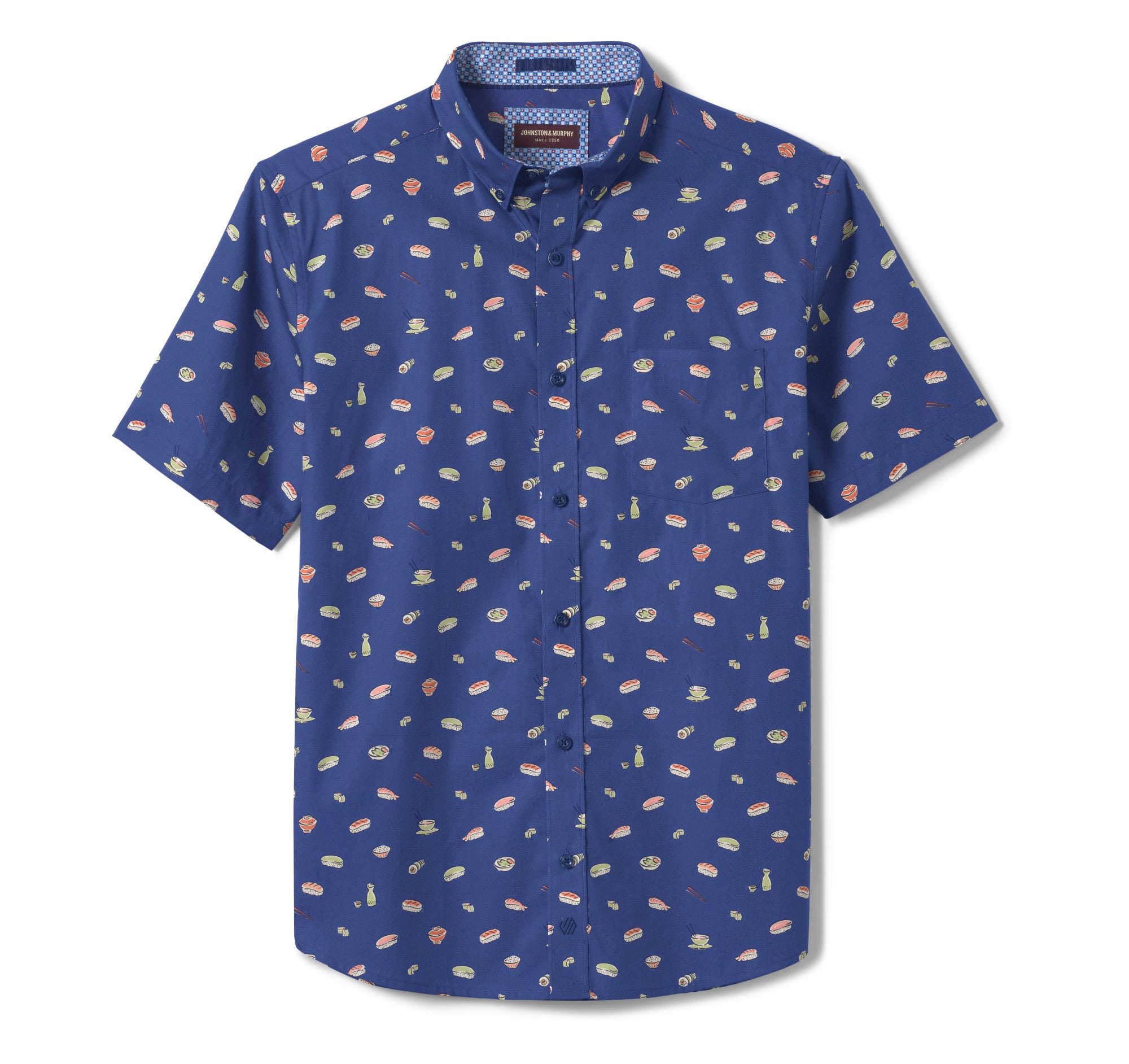 Wholesale,Johnston & Murphy, Johnston & Murphy Navy Sushi Print Cotton Short Sleeve Shirt with Contrast Facing, Blue, Small-42-TagSMedium-45-TagMLarge-47-TagLLarge-48-TagLExtra Large-51-TagXLExtra Extra Large-54-TagXXL