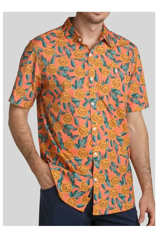 Faire,William Murray Golf, William Murray Golf Orange/Green Tropical Print Short Sleeve Shirt, Orange, Small-42-TagSMedium-44-TagMLarge-46-TagLExtra Large-49-TagXLExtra Extra Large-51-TagXXL