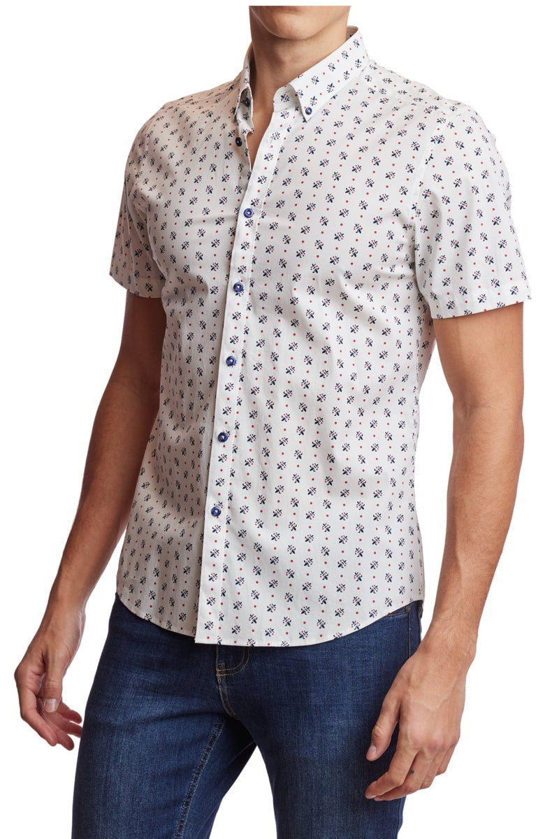 Wholesale,Paisley & Gray, Paisley & Gray White Fleur De Lis Print Short Sleeve Shirt, White, Large-46-TagXL