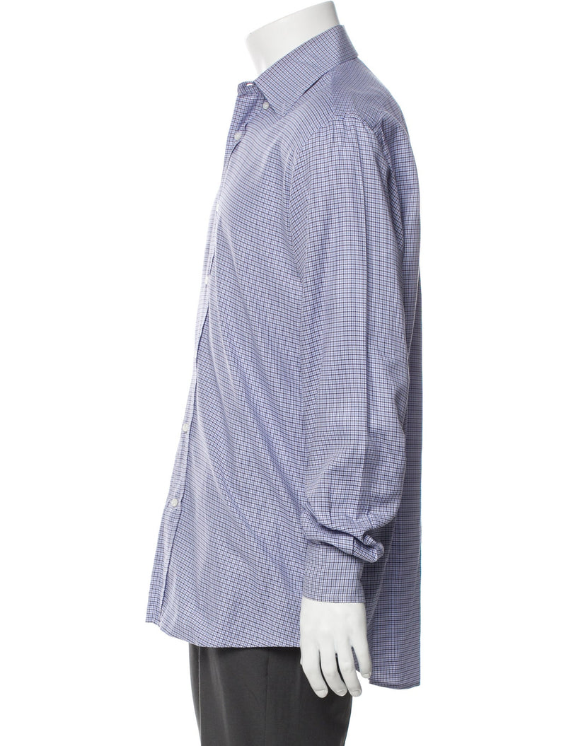 Bergdorf Goodman Blue Plaid Print Long Sleeve Dress Shirt with One-Button Rounded Cuffs