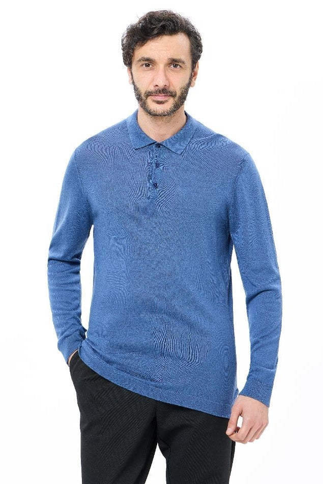 Wholesale,Luchiano Visconti, Luchiano Visconti Indigo 3-Button Tencel Long Sleeve Polo, Blue, Small-41-TagSMedium-43-TagMLarge-45-TagLExtra Large-48-TagXLExtra Extra Large-50-TagXXL