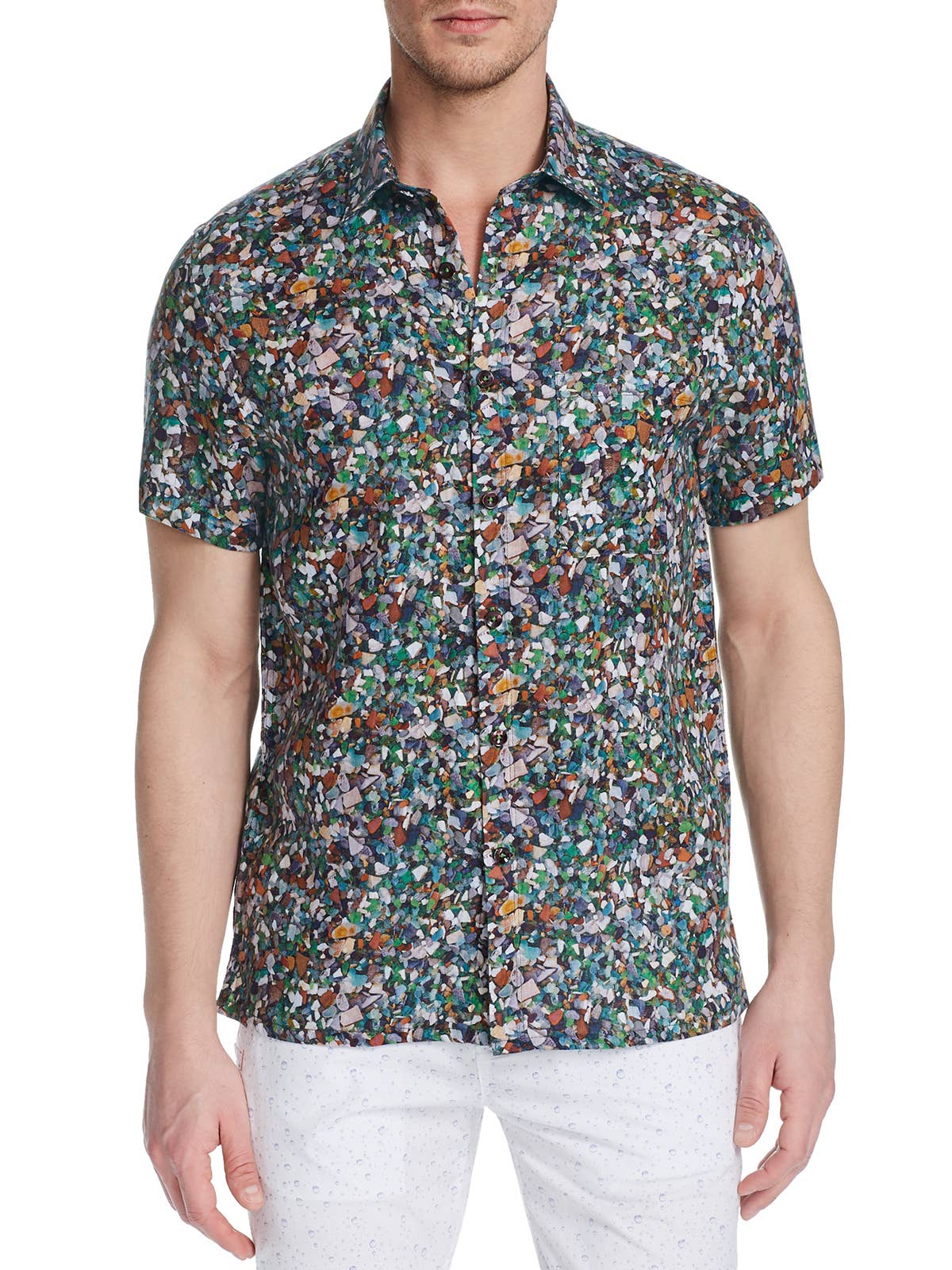 Faire,Brooklyn Brigade, Brooklyn Brigade Multi Sea Glass Print Short Sleeve Linen Shirt, Green, Medium-42-TagM
