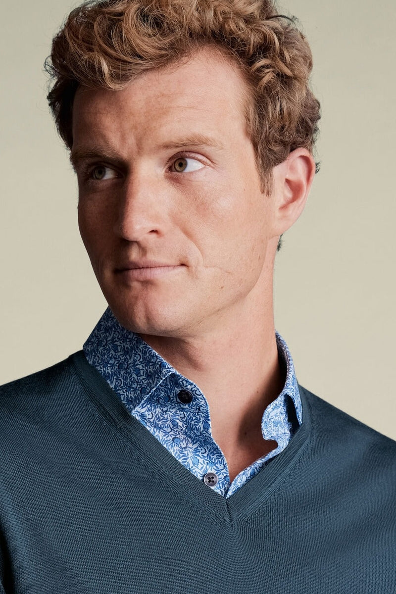 Wholesale,Charles Tyrwhitt, Charles Tyrwhitt Petrol Blue Merino Wool V-Neck Sweater, Blue, Small-39-TagS