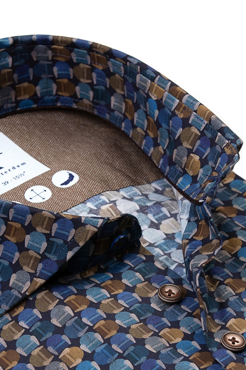 Direct From Brand,R2 Amsterdam, R2 Amsterdam Navy Chair Print Stretch Shirt, Blue, Extra Extra Large-54-Tag46