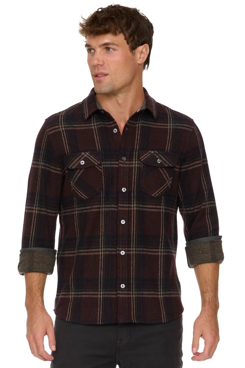 Wholesale,Flag & Anthem, Flag & Anthem Burgundy/Navy Knit Flannel Overshirt, Red, Medium-44-TagMLarge-47-TagLExtra Large-51-TagXL