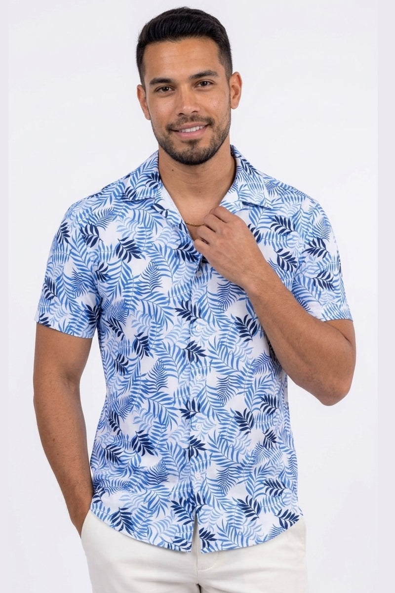 Faire,W.R.K., W.R.K Blue Tropical Print Camp Collar Performance Short Sleeve Shirt, Blue, Large-44-TagL