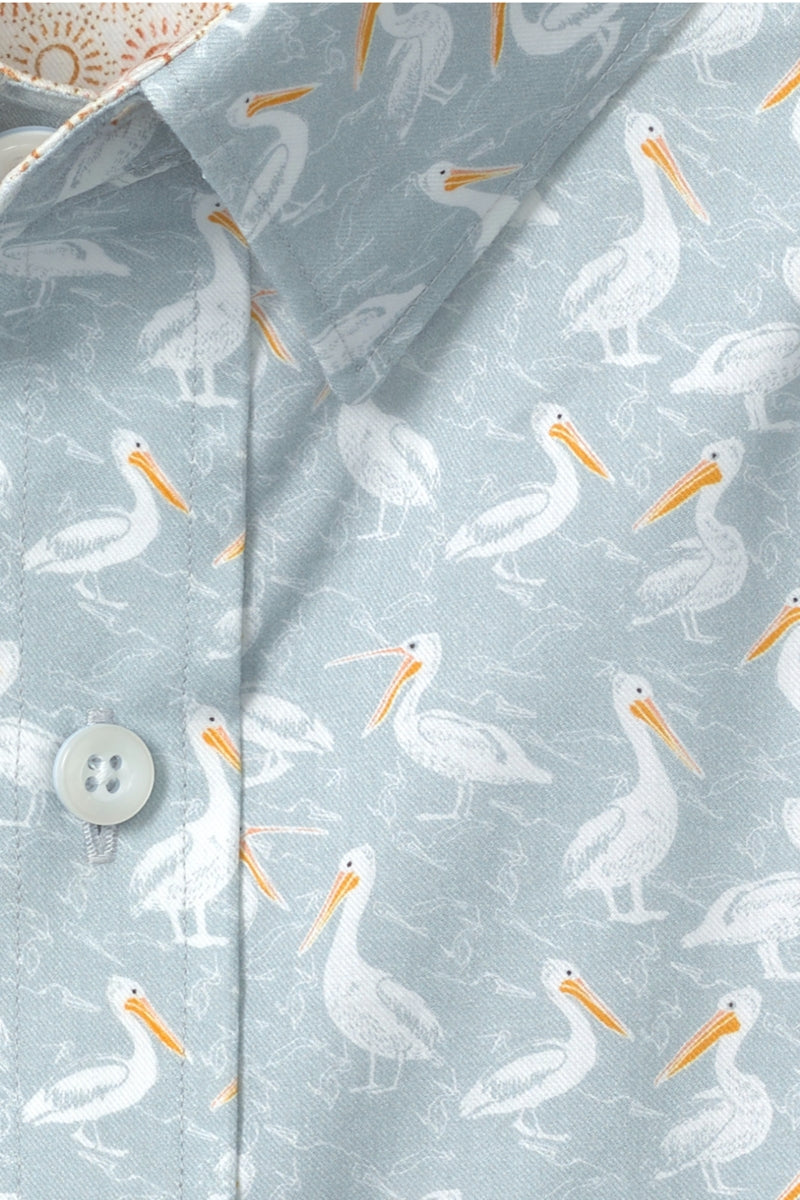 Wholesale,Johnston & Murphy, Johnston & Murphy Grey Pelican Print Airy Cotton Blend Shirt, Grey, Medium-44-TagM
