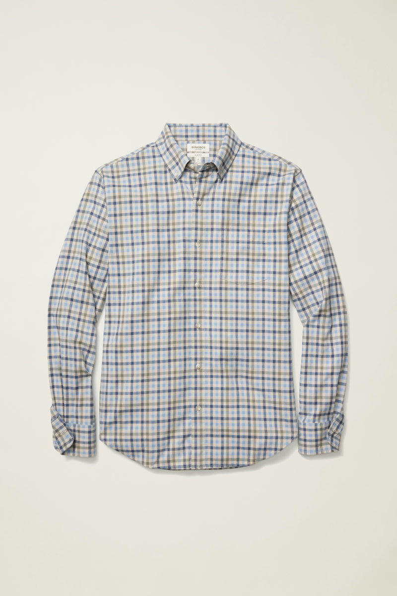 Wholesale,Bonobos, Bonobos Blue/Cream Check Stretch Flannel Slim Fit Shirt, Blue, Large-45-TagL