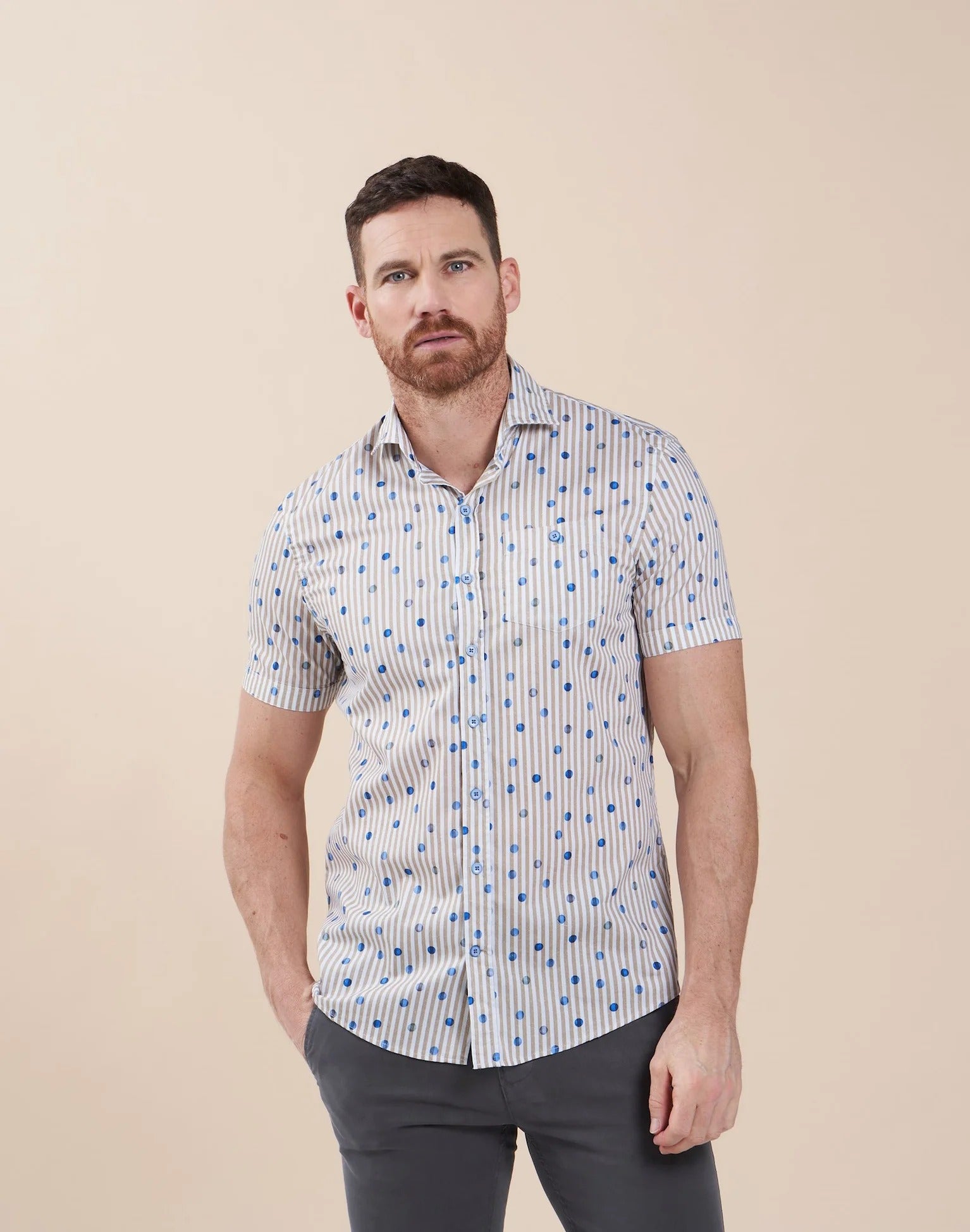 Brand Partner,R2 Amsterdam, R2 Amsterdam Tan/White Stripes Dot Print Organic Cotton Stretch Short Sleeve Shirt, Tan, Medium-41-Tag39