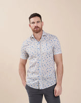 R2 Amsterdam Tan/White Stripes Dot Print Organic Cotton Stretch Short Sleeve Shirt