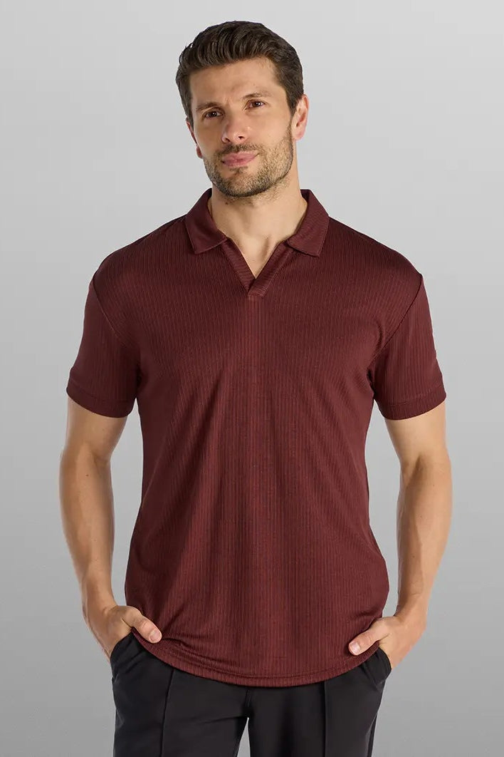 Wholesale,BYLT, BYLT Maroon Ribbed Drop-cut Open V Polo, Red, Small-40-TagSMedium-42-TagMLarge-44-TagLExtra Large-48-TagXLExtra Extra Large-52-TagXXLExtra Extra Extra Large-56-Tag3XL