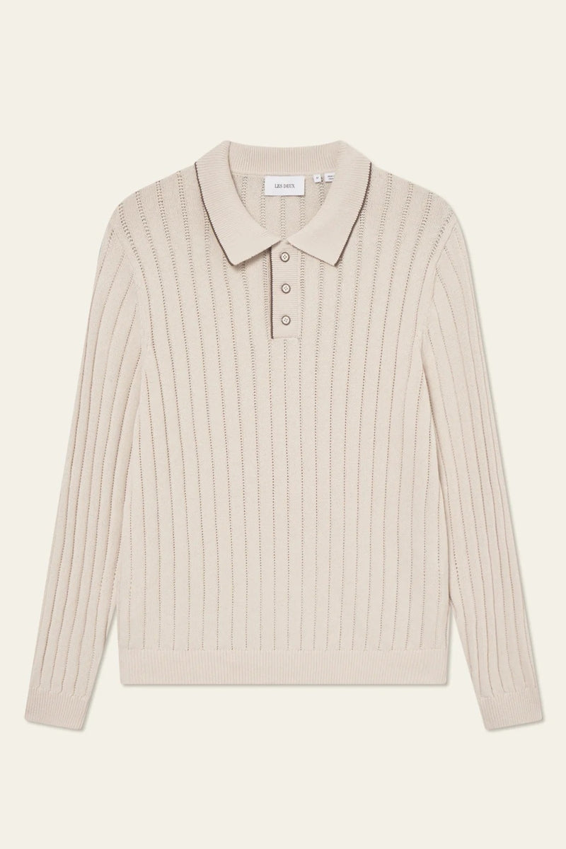 Wholesale,Les Deux, Les Deux Ivory Knit Stripe Textured Polo, Cream, Large-52-TagL