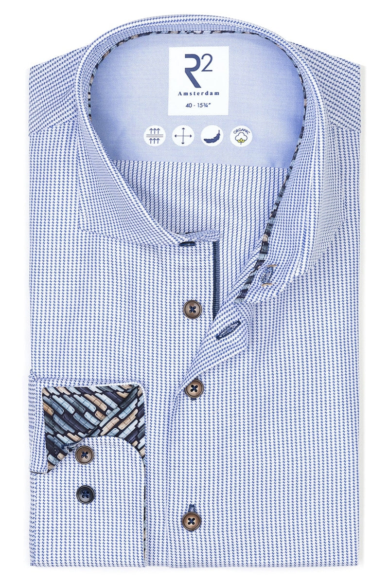 Direct From Brand,R2 Amsterdam, R2 Amsterdam Blue Dobby Organic Cotton Shirt, Blue, Medium-42-Tag39Extra Large-50-Tag44Extra Extra Large-51-Tag45Extra Large-48-Tag43Medium-44-Tag41Medium-42-Tag40Large-46-Tag42