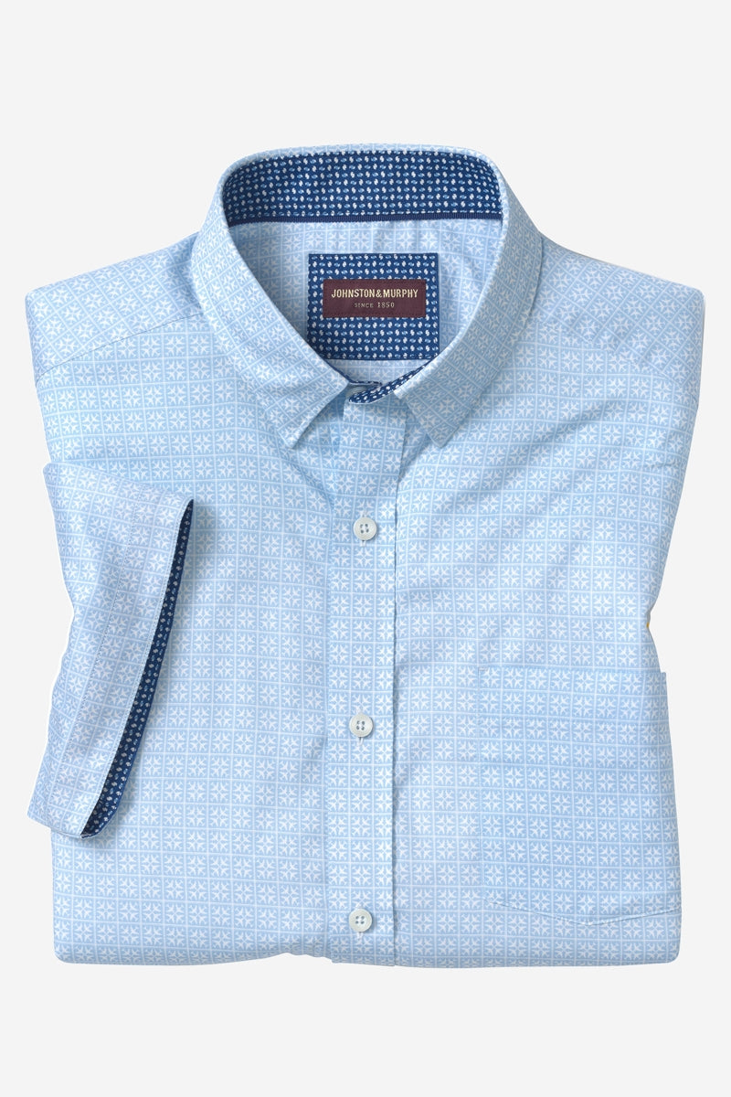 Wholesale,Johnston & Murphy, Johnston & Murphy Light Blue Airplane Grid Print Airy Cotton Blend Button Up Shirt, Blue, Medium-45-TagMLarge-47-TagLExtra Large-50-TagXLExtra Extra Large-54-TagXXL