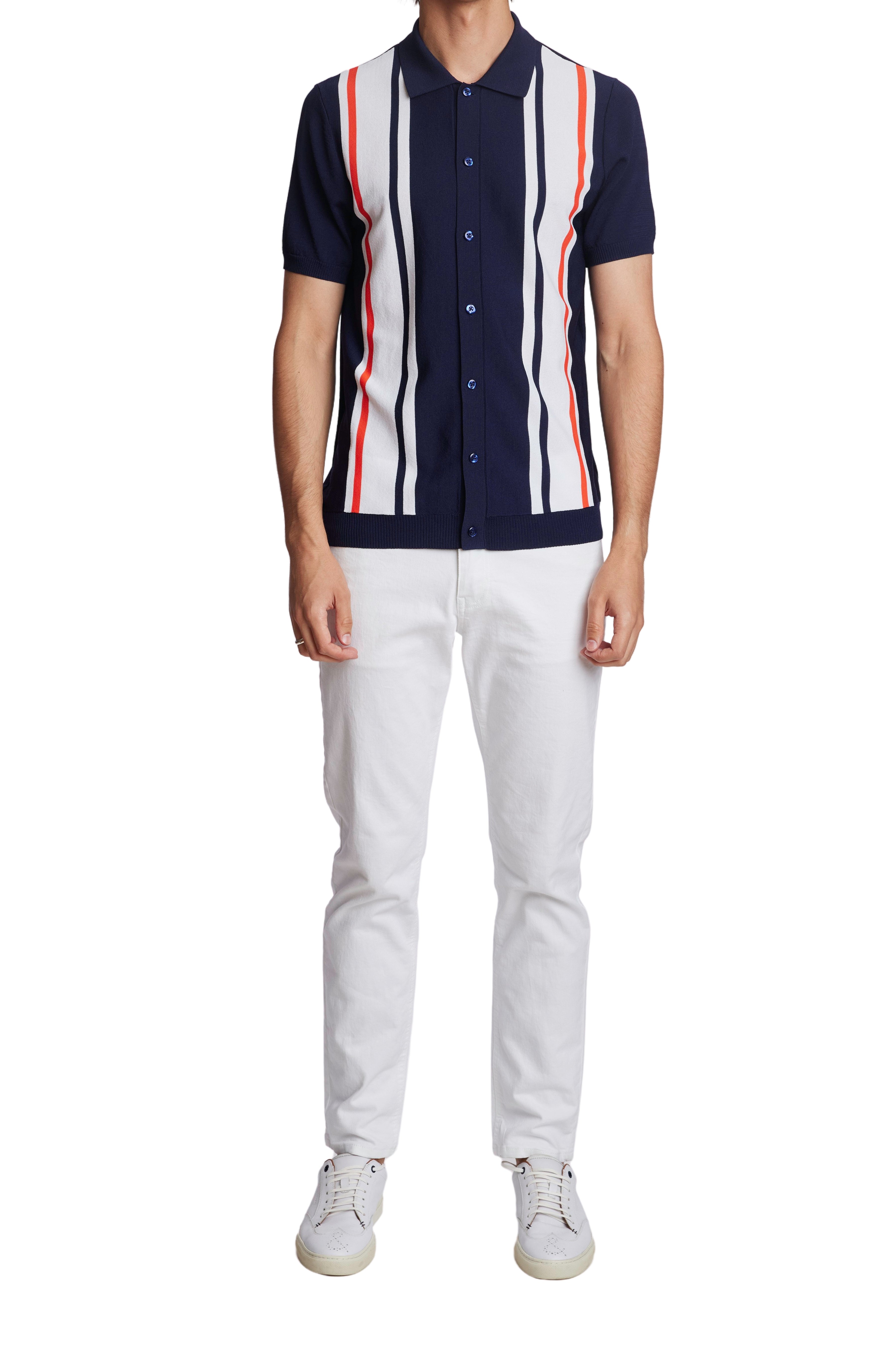 Wholesale,Paisley & Gray, Paisley & Gray Navy Full Placket Polo with Bold White/Orange Stripe, Blue, Small-38-TagSMedium-40-TagMMedium-42-TagLLarge-44-TagXLExtra Large-46-TagXXL