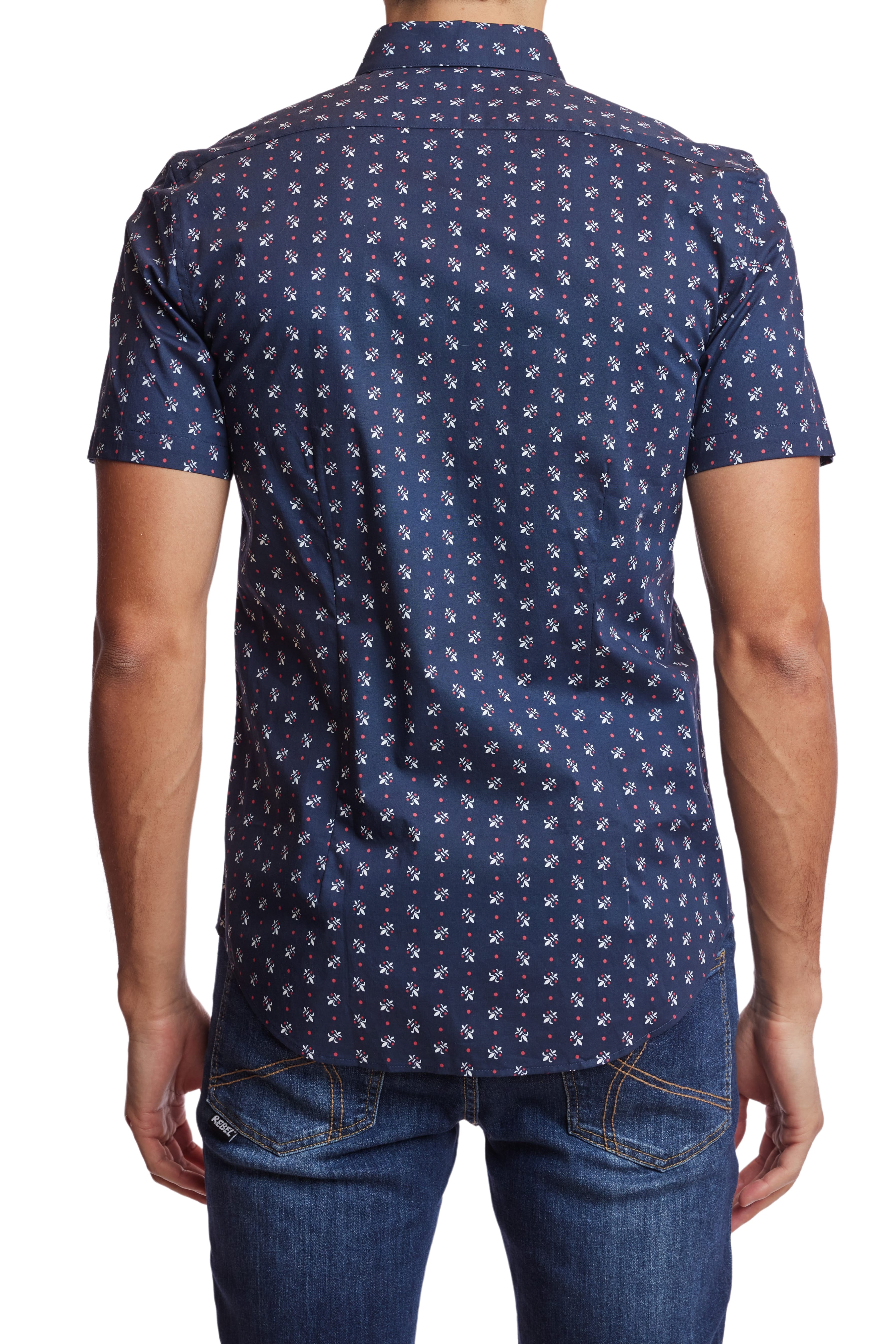 Wholesale,Paisley & Gray, Paisley & Gray Navy Fleur De Lis Print Short Sleeve Shirt, Blue, Small-38-TagSSmall-40-TagMLarge-46-TagXLExtra Large-49-TagXXLMedium-43-TagL