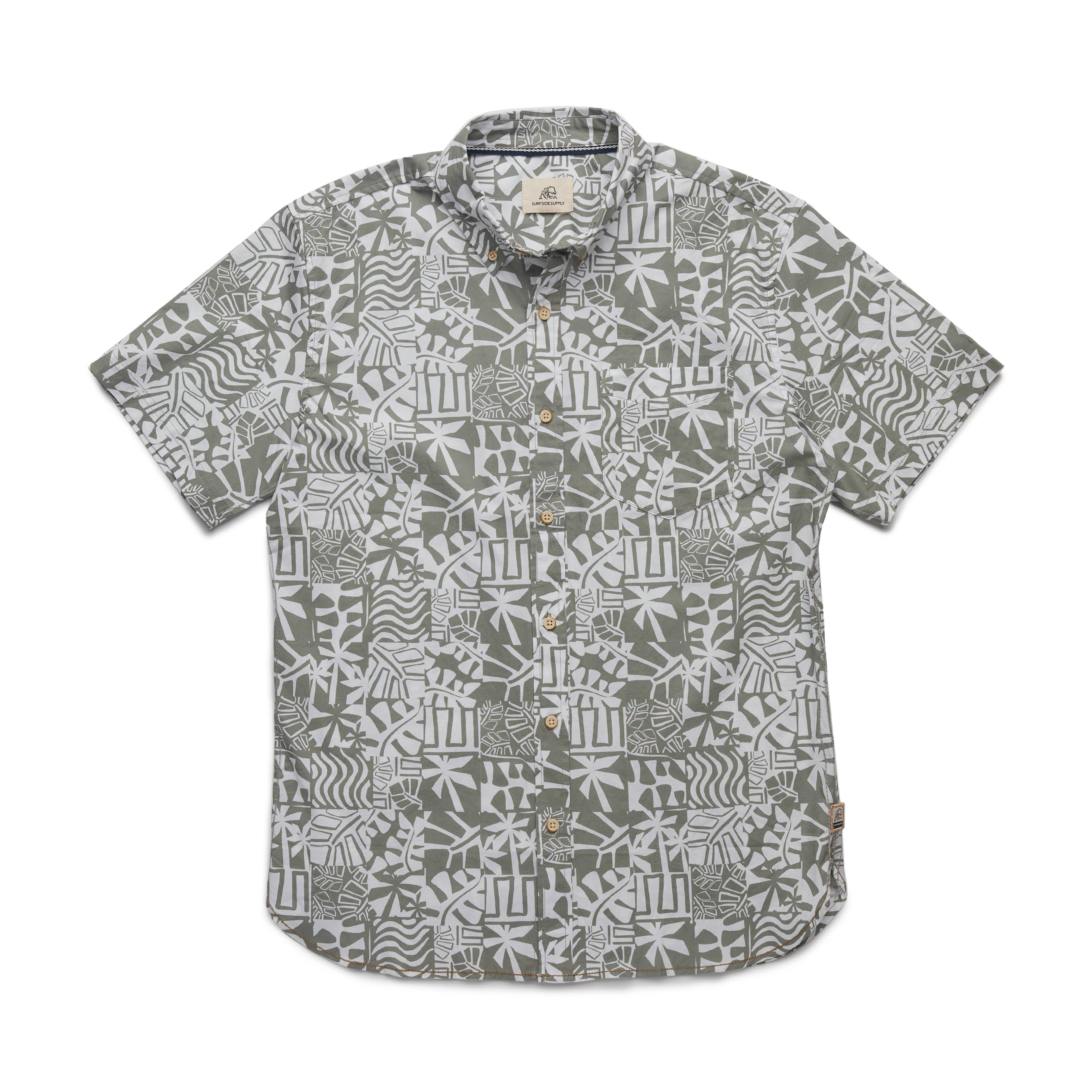 Faire,Surfside Supply, Surfside Supply Sage Green Tropical Leaf Print Short Sleeve Button Up Shirt, Green, Small-41-TagS