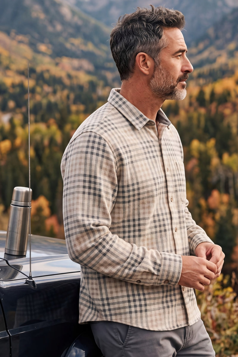 Wholesale,Fundamental Coast, Fundamental Coast Tan Plaid Brushed Knit Flannel Shirt, Tan, Medium-44-TagMLarge-46-TagLExtra Large-48-TagXL