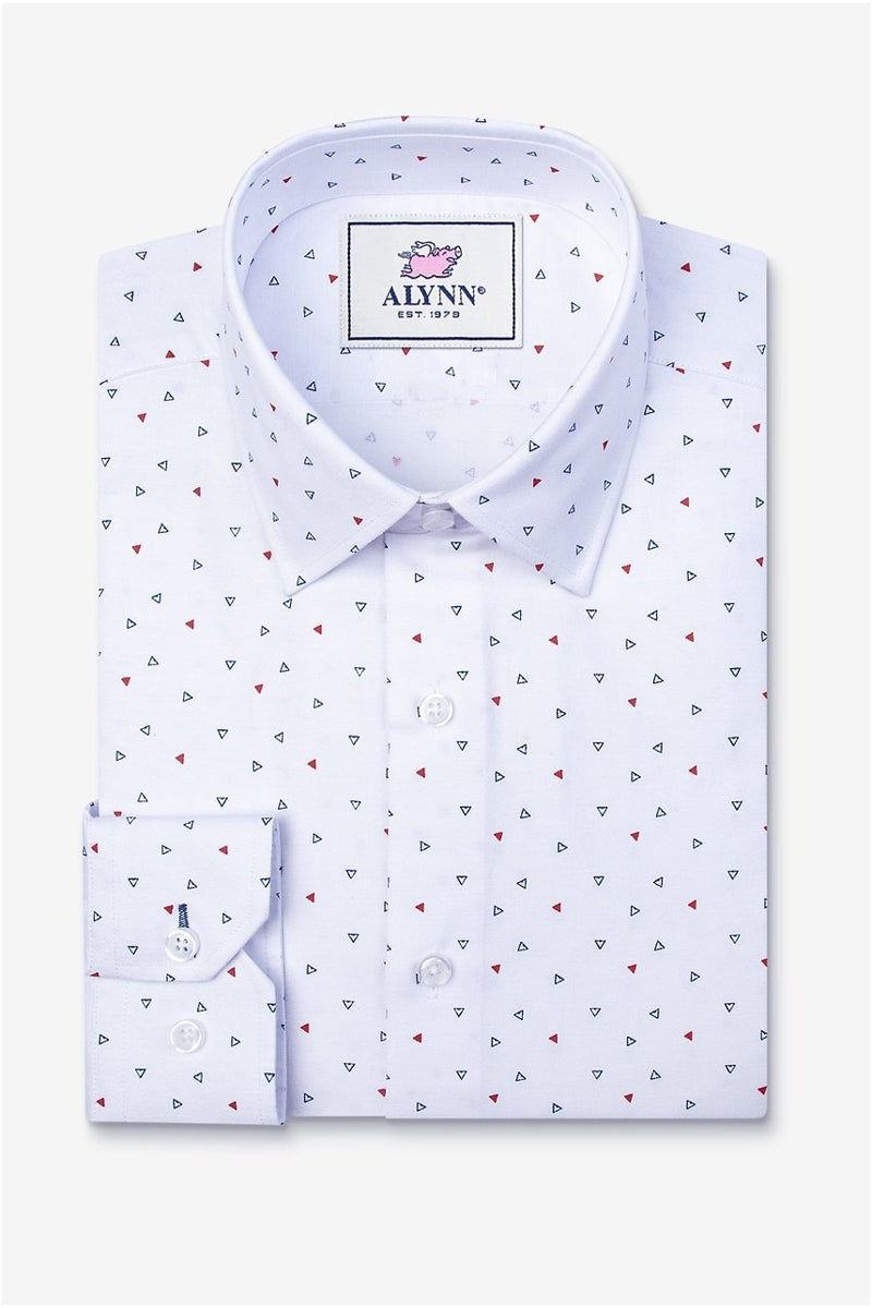 Faire,Alynn, Alynn White Triangle Print Slim Fit Dress Shirt, White, Medium-42-TagM
