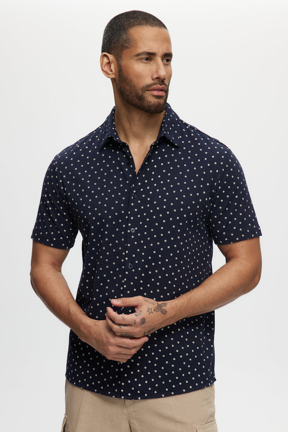 Faire,Julian & Mark, Julian & Mark Black Square Dot Geo Short Sleeve Jersey Shirt, Black, Small-40-TagSMedium-41-TagMMedium-43-TagLExtra Large-47-TagXLExtra Extra Large-50-TagXXL