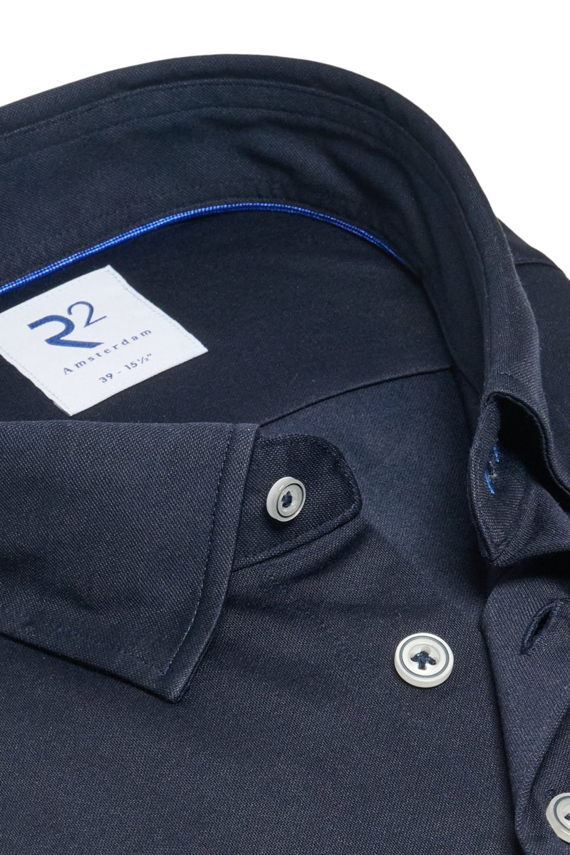 Direct From Brand,R2 Amsterdam, R2 Amsterdam Navy Knitted Pique Long Sleeve Dress Shirt, Blue, Medium-42-Tag40