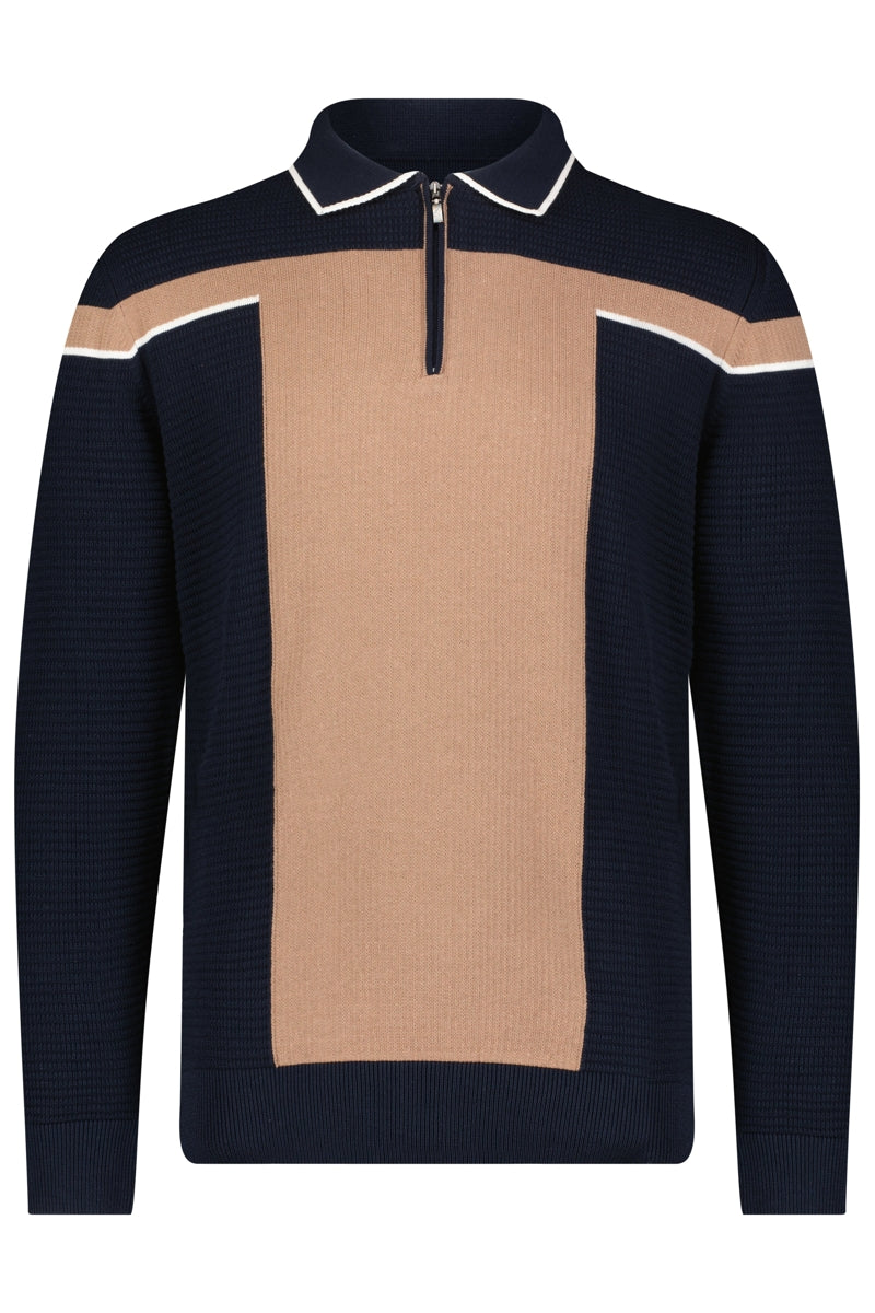 Wholesale,Luchiano Visconti, Luchiano Visconti Navy with Tan Colorblock Waffle Zip Polo, Blue, Small-38-TagSMedium-40-TagMLarge-42-TagLExtra Large-44-TagXLExtra Extra Large-45-TagXXL