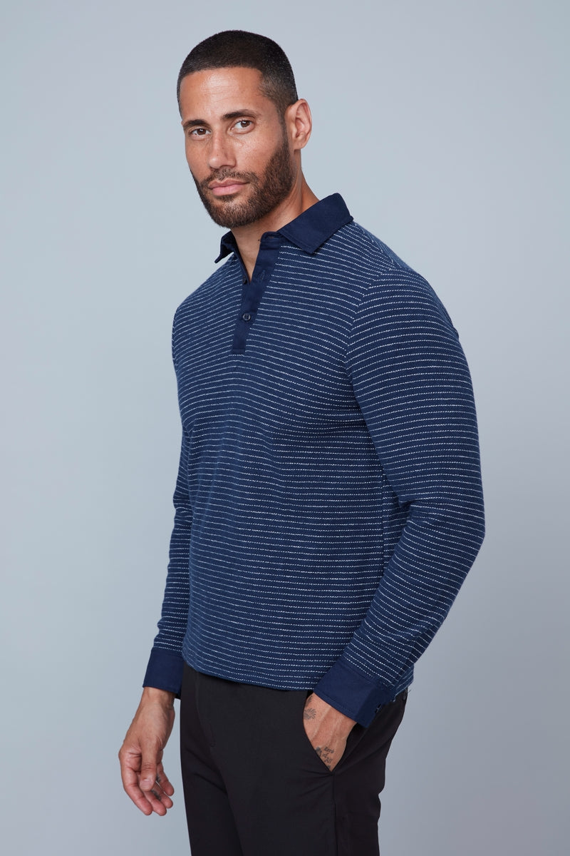 Wholesale,HEDGE, HEDGE Navy with White Striped Knit Polo, Blue, Small-40-TagSMedium-42-TagMLarge-44-TagLExtra Large-48-TagXLExtra Extra Large-50-TagXXL