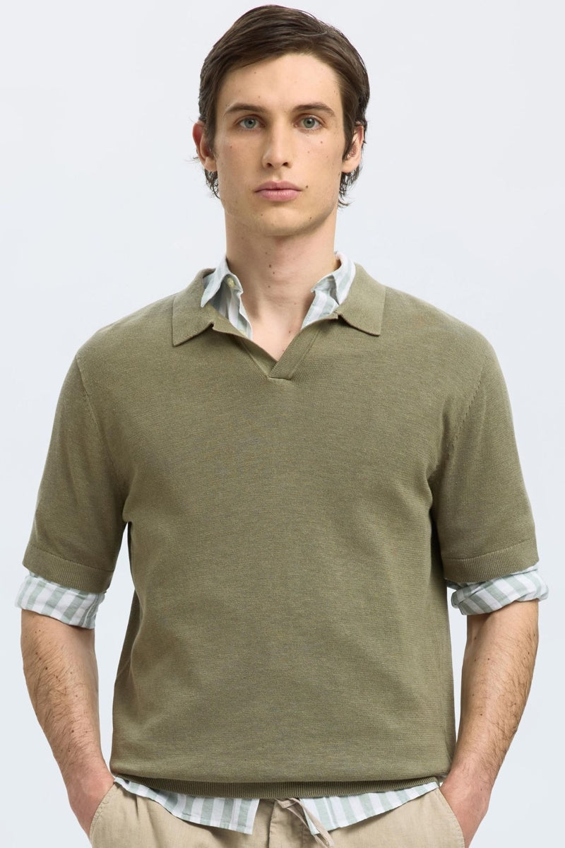 Wholesale,Selected Homme, Selected Homme Olive Knitted Open V Polo, Green, Medium-42-TagMExtra Large-46-TagXLLarge-44-TagL