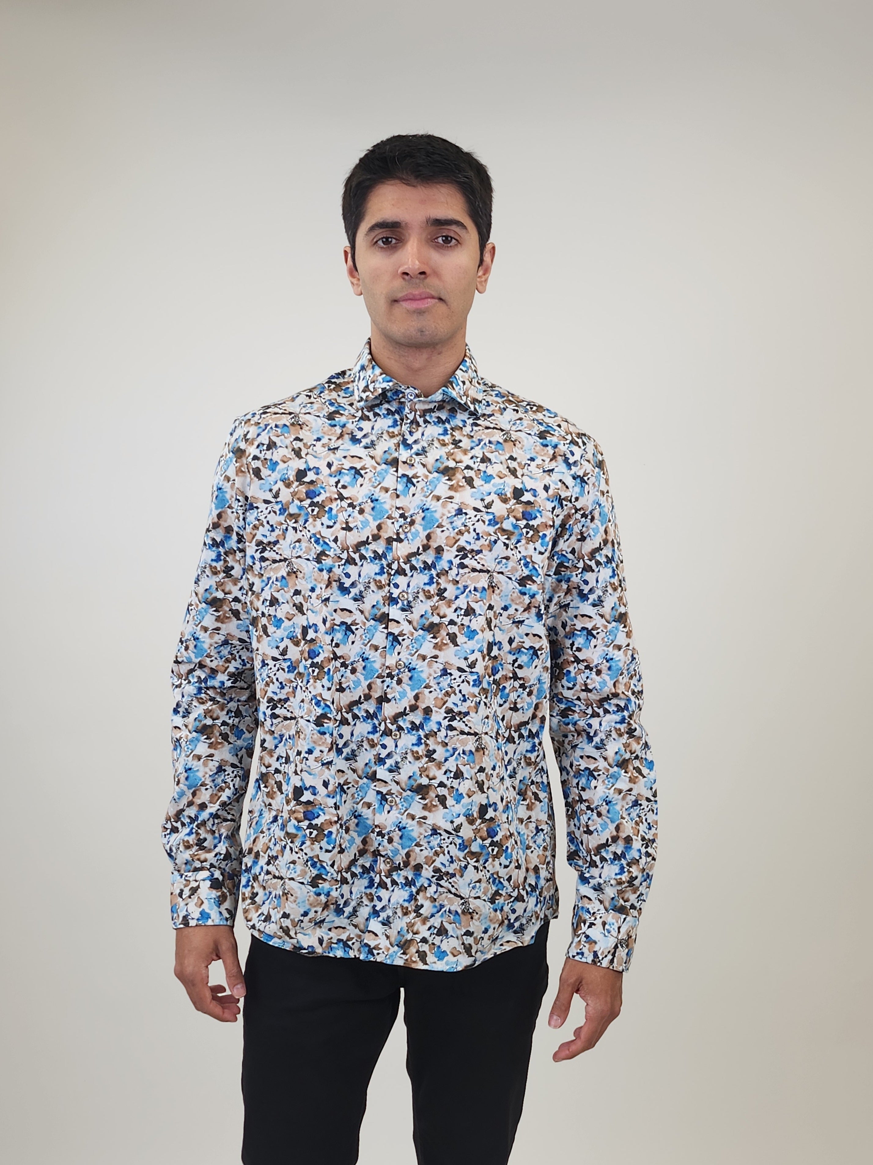 Brand Partner,R2 Amsterdam, R2 Amsterdam Blue Painted Floral Print Cotton Long Sleeve Shirt, Blue, Large-46-Tag42