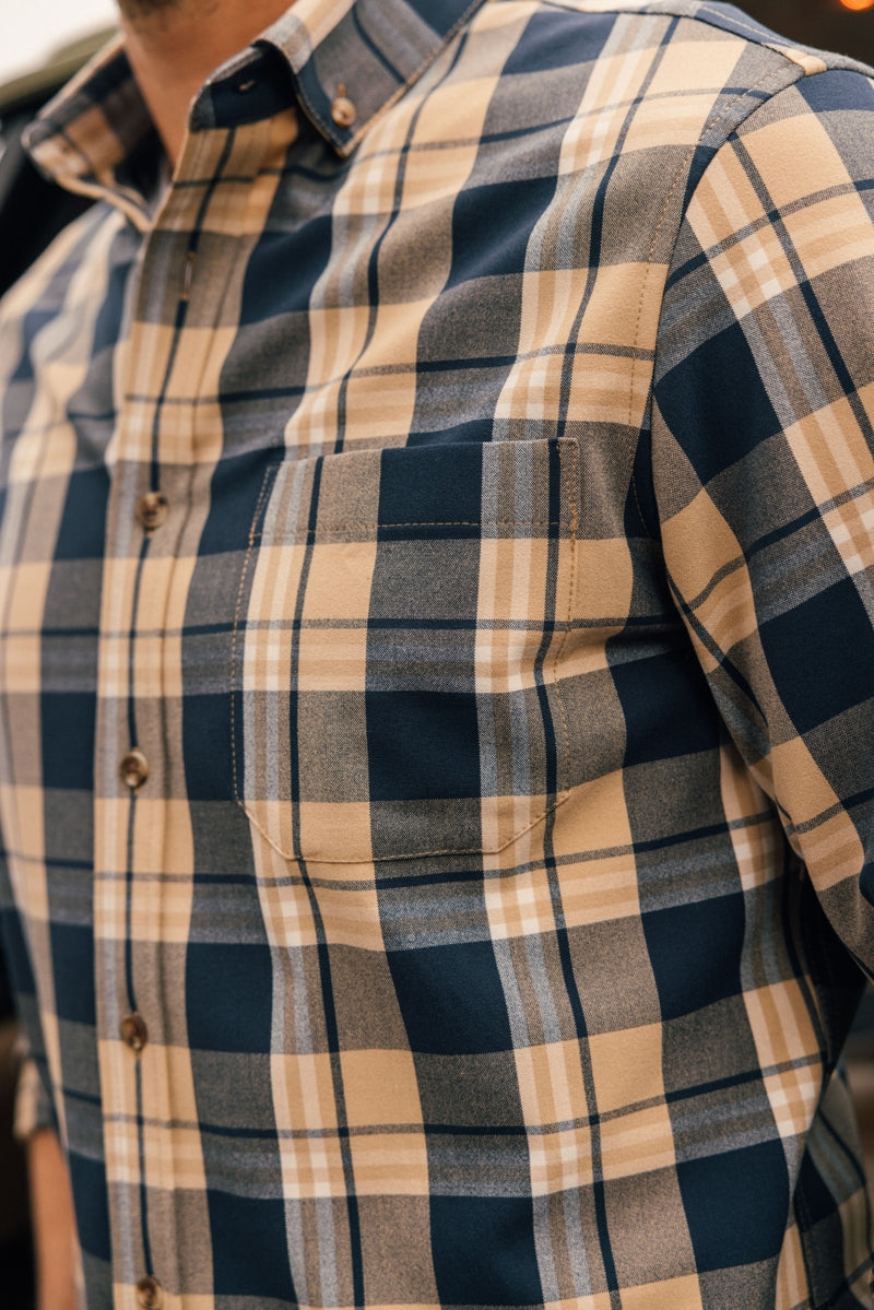 Wholesale,Mizzen + Main, Mizzen + Main Khaki/Navy Plaid Trim Flannel Shirt, Tan, Medium-42-TagMLarge-46-TagLExtra Large-48-TagXL