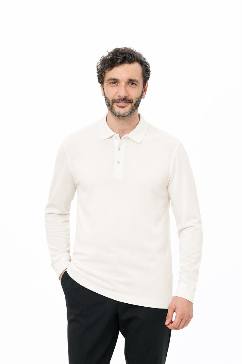 Wholesale,Luchiano Visconti, Luchiano Visconti Beige 3-Button Tencel Long Sleeve Polo, Cream, Small-41-TagSMedium-43-TagMLarge-45-TagLExtra Large-48-TagXLExtra Extra Large-50-TagXXL