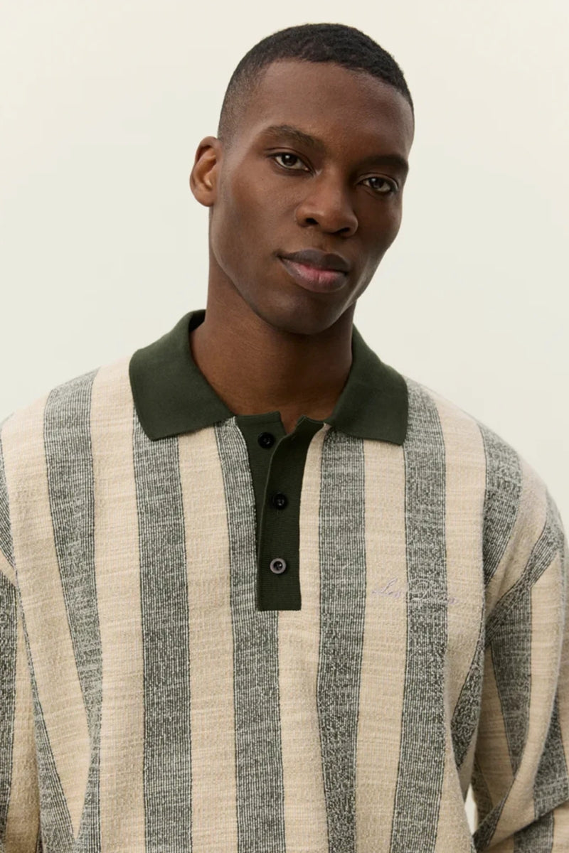 Wholesale,Les Deux, Les Deux Olive with Tan Striped Jacquard Jersey Textured Knit Polo, Green, Small-46-TagS