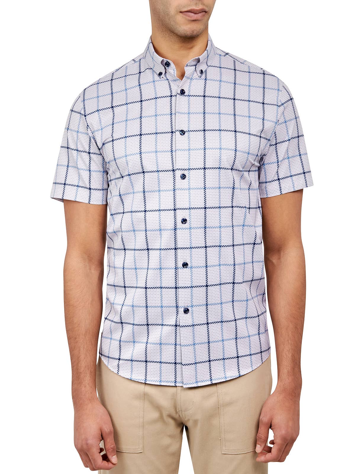 Faire,Brooklyn Brigade, Brooklyn Brigade Blue/Grey Textured Grid Four-way Stretch Short Sleeve Shirt, Blue, Large-46-TagL