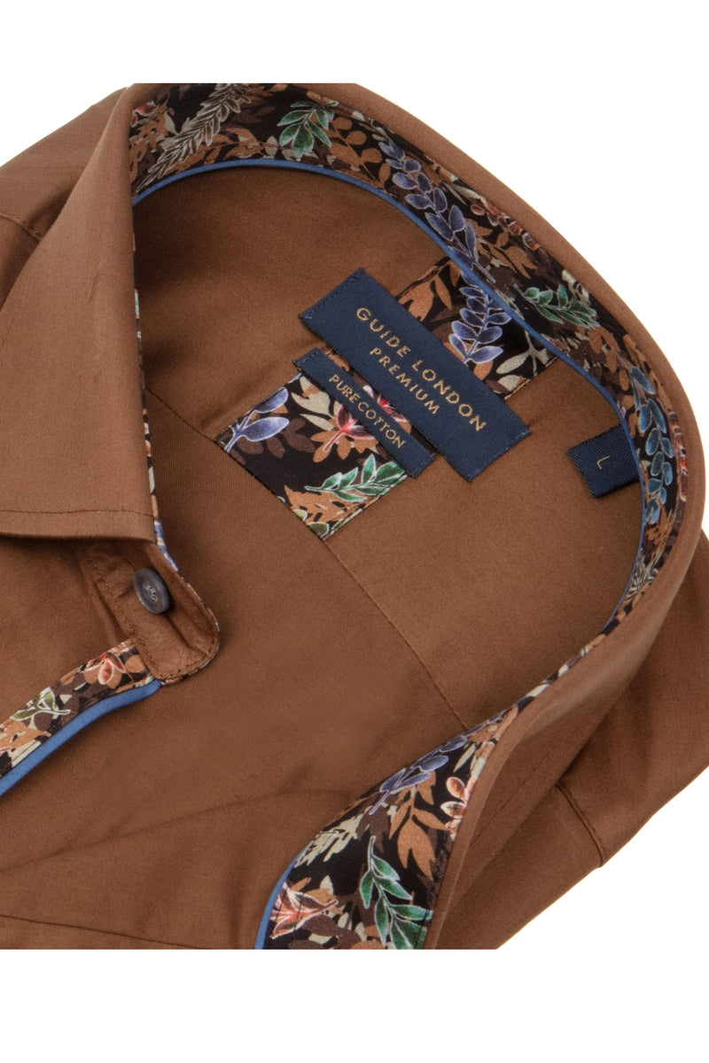 Faire,Guide London, Guide London Brown with Floral Print Contrast Dress Shirt, Brown, Extra Large-46-TagXL