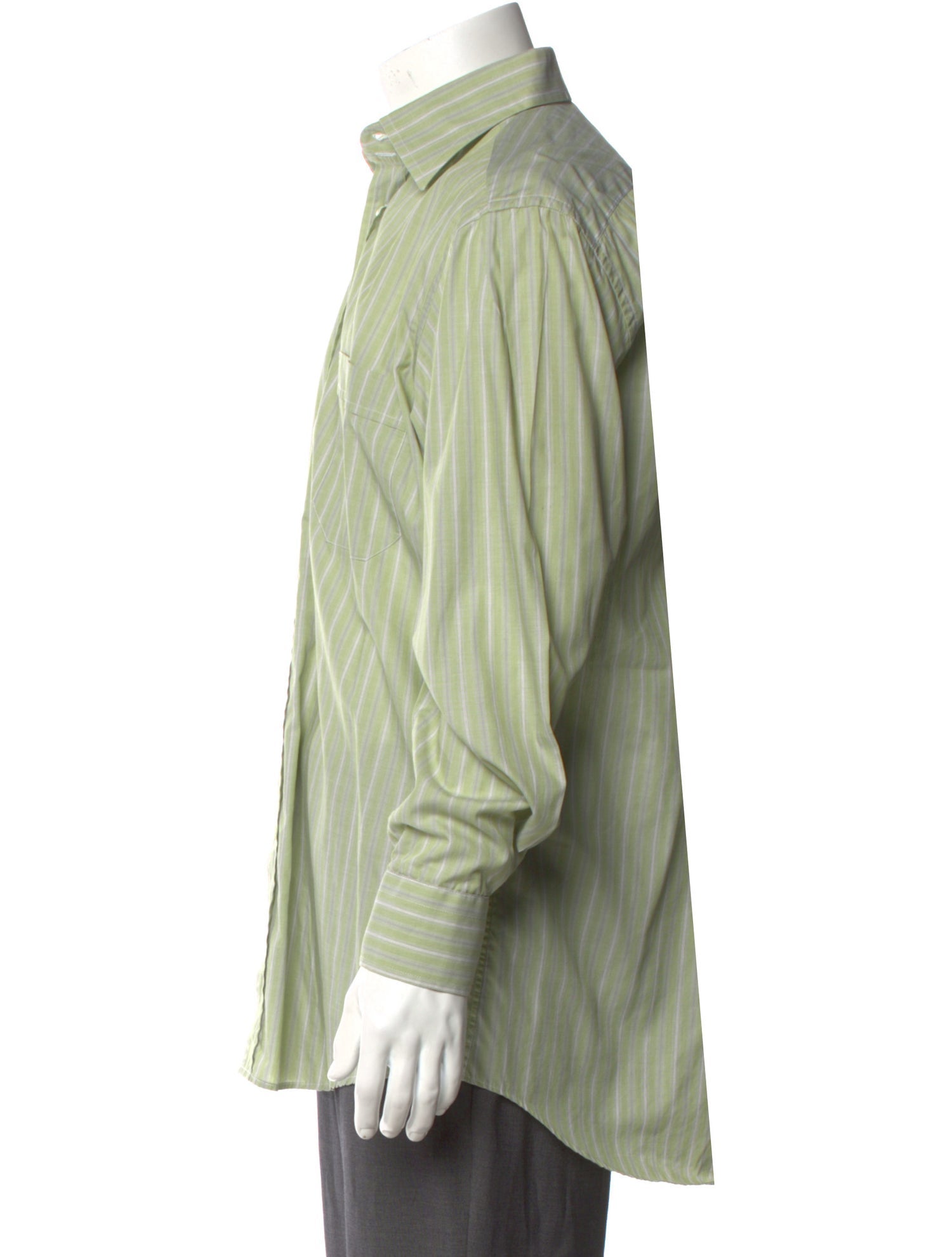 RealReal,Luciano Barbera, Luciano Barbera Green Stripped Long Sleeve Dress Shirt with One-Button Rounded Cuffs, Green, Extra Large-48-Tag39