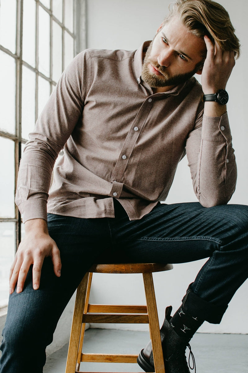 Faire,Alynn, Alynn Brown Chambray Slightly Brushed Slim Fit Shirt, Brown, Large-45-TagL